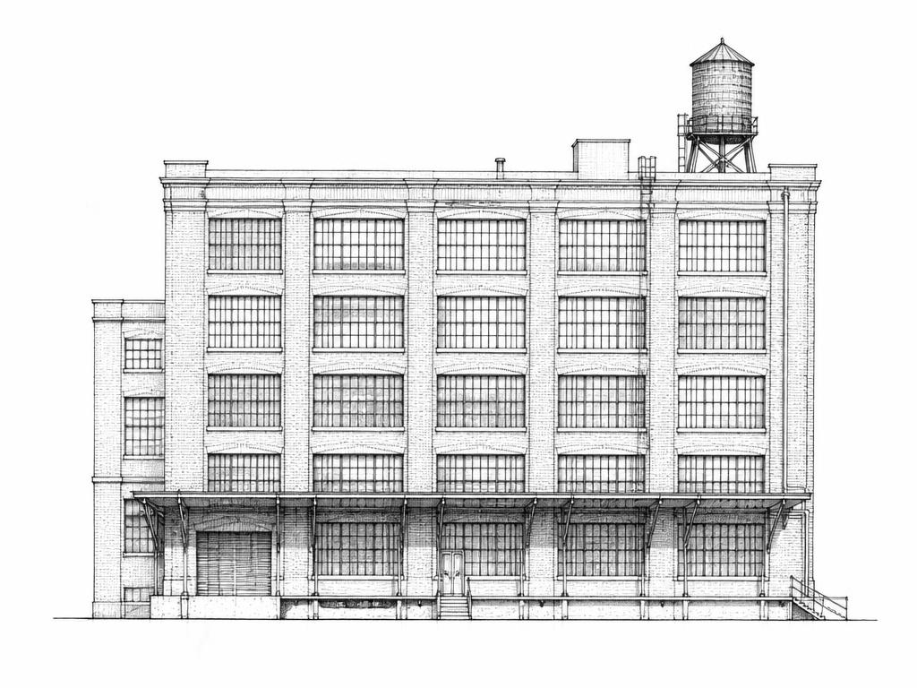 Ink sketch of a Chelsea warehouse loft building